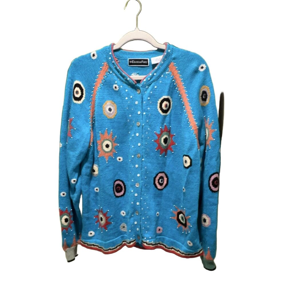 Christine Foley Snakecharmer Cardigan Turquoise Cotton Sequin Size 3 L-XL